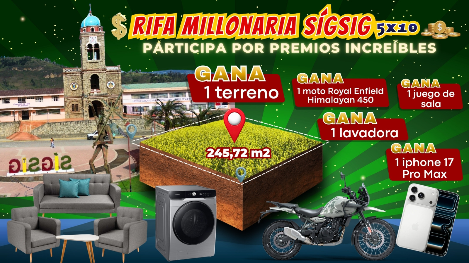 Rifa Millonaria Sígsig - Gana un terreno de 245.72m², iPhone 17 Pro Max, Moto Royal Enfield y más